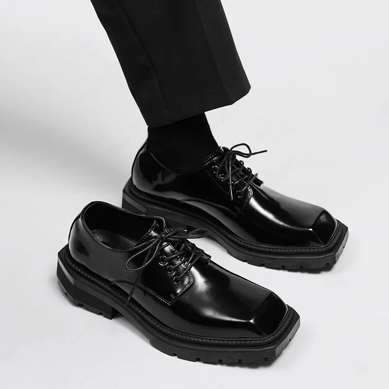 New square head Leather Shoes women Casual Men Formal Dress Thick Bottom Loafers Lace-up Black British Business Work Shoes 44