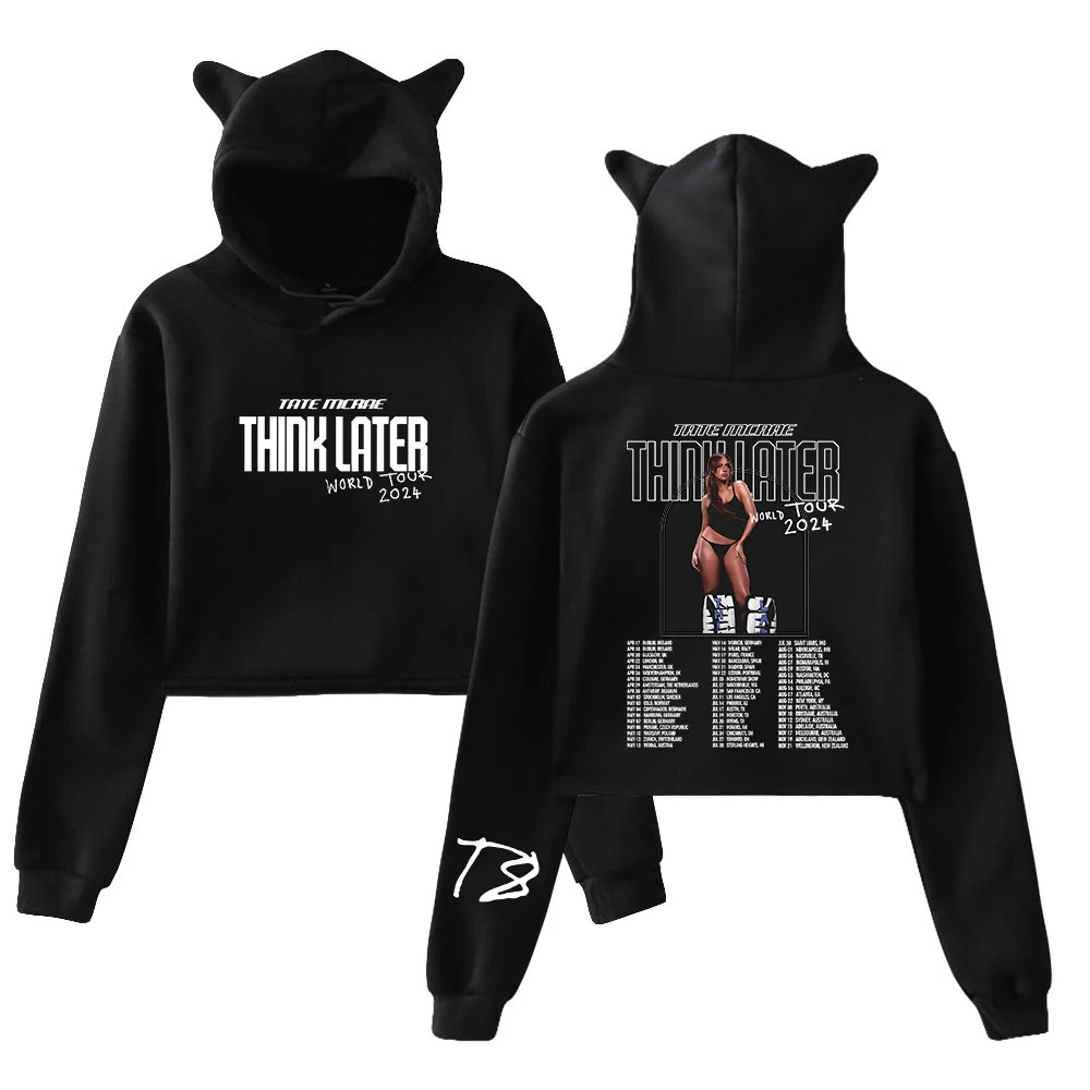 Tate McRae Think Later World Tour 2024 Merch Pullover Cat Ears Hoodie Long Sleeve Crop Top Streetwear Women's Clothes