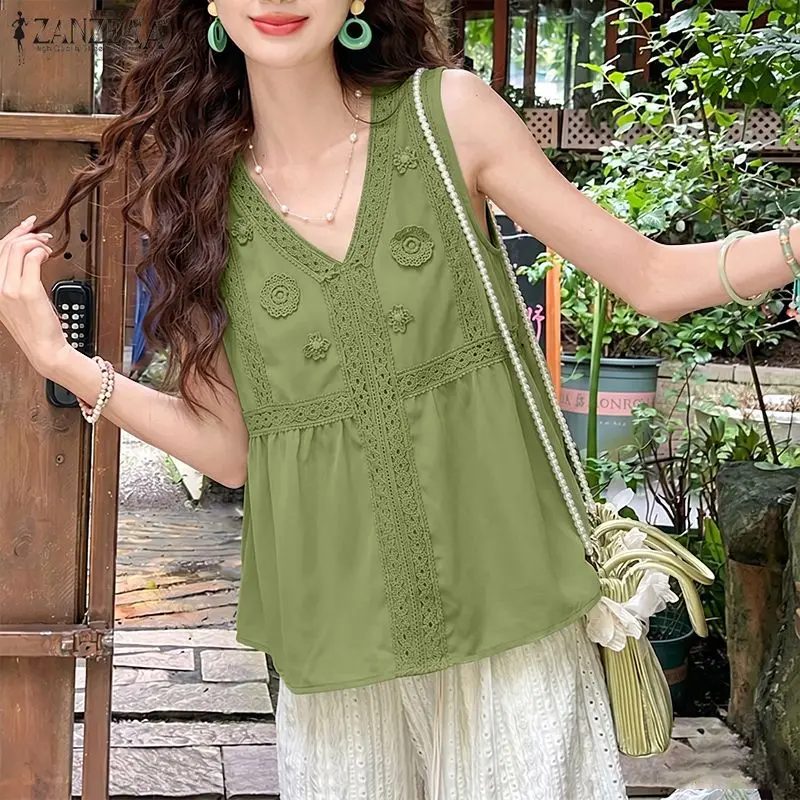 ZANZEA Sommer-Tanktops ohne Ärmel, stilvolle Damen-Tops mit V-Ausschnitt, elegante Spitzen-Patchwork-Urlaubsbluse, lässige, lockere Strand-T-Shirts – Detail 6