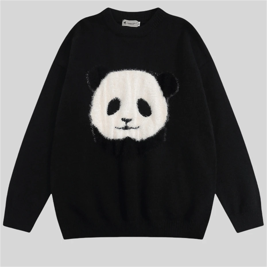 Men Vintage Panda Sweater Fleece Y2K Streetwear Hip Hop Knitted Sweaters Winter Pullovers Harajuku Fashion Retro Casual Sweaters