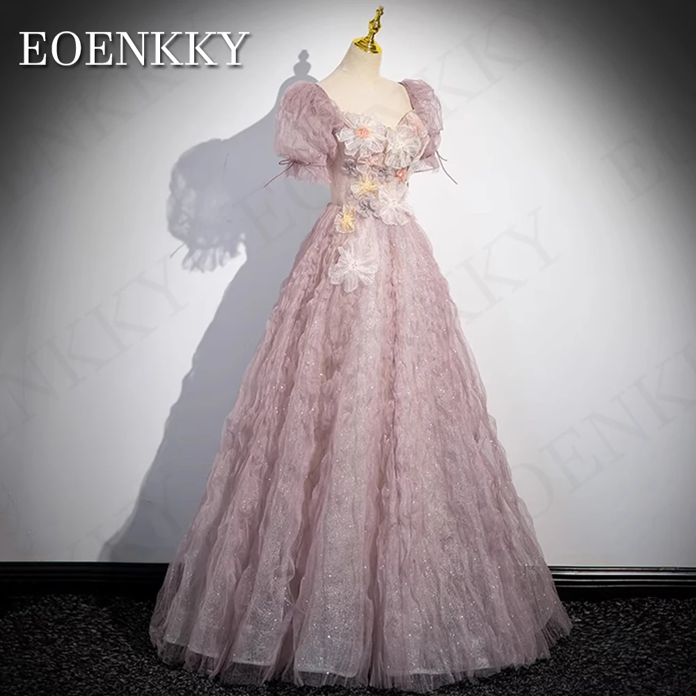 Robes de Rhroses à manches bouffantes, robes d'invité de mariage à paillettes, robes de longueur au sol, col en cœur, fleurs 3D, élégantes, 2024 Robe de bal Rose élégante à manches duveteuses 2024 3D FLEUR étincelante