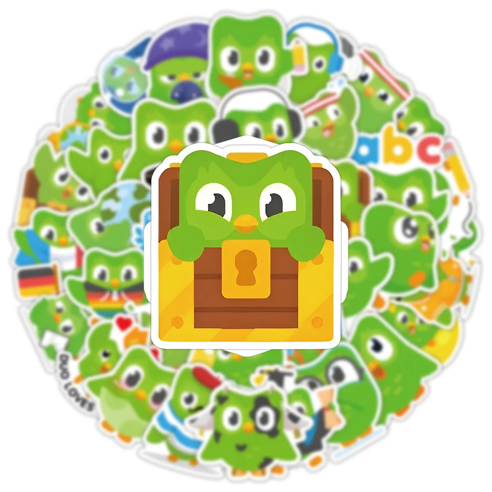 

10/53PCS Learning Software Duolingo Stickers Cute Fun Green Birds Graffiti Decal Kids Toy DIY Water Cup Scrapbook Diary Guitar