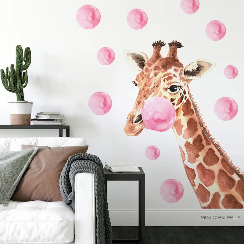 Pegatinas de pared de jirafa de animales de dibujos animados para habitaciones de niños, papel tapiz grande de conejo, burbuja rosa, decoración de dormitorio de niñas y niños