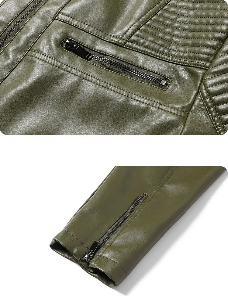 2025 الرجال دراجة نارية و السائق جودة عالية لينة فو سترات من الجلد الذكور الشرير الجيش الأخضر بولي PU سستة كول يندبروف الشارع معاطف #5