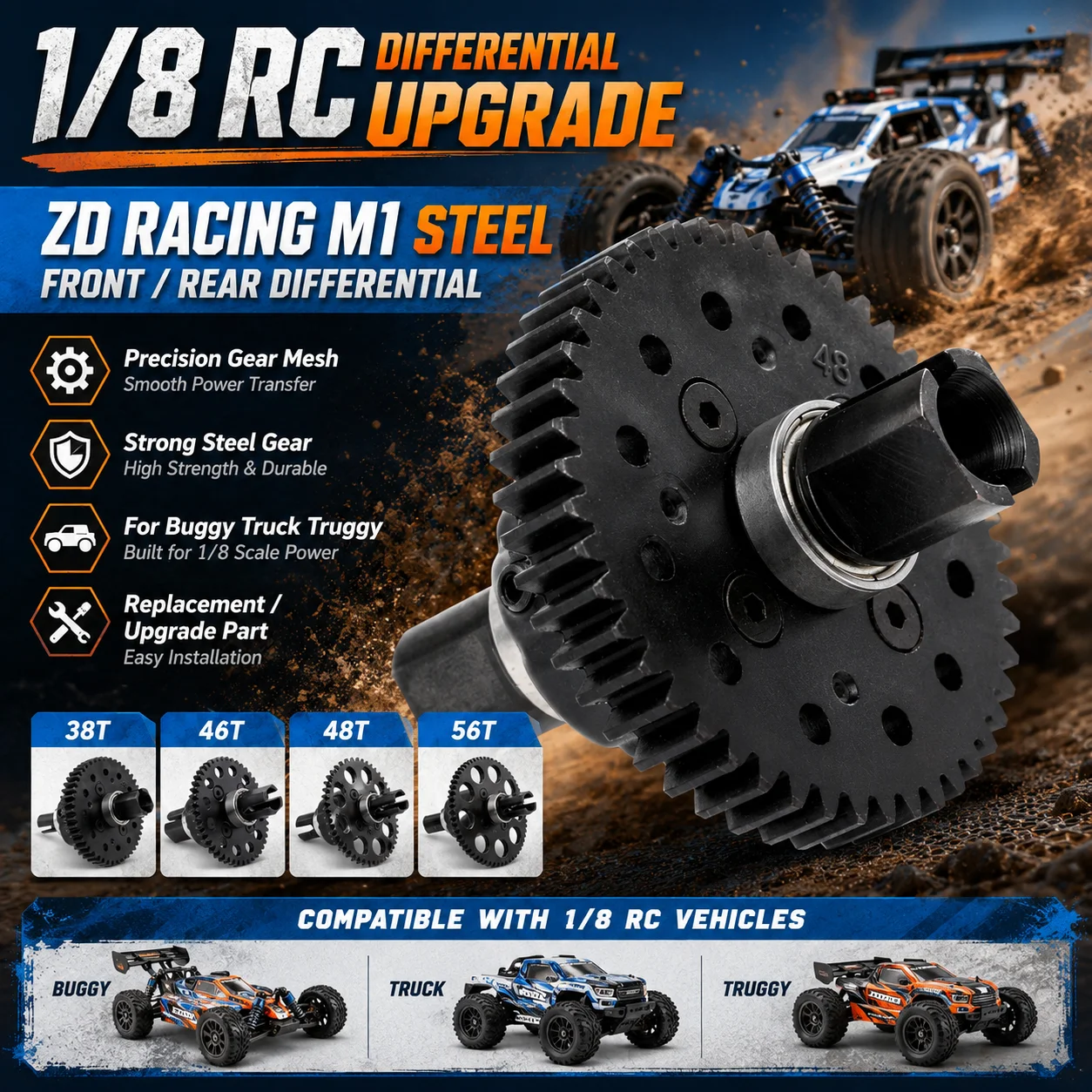 ZD Racing M1 38T 46T 48T 56T Steel Making Front Rear Differential for 1/8 ZD Racing Kyosho Thunder Tiger RC Car Buggy Truck