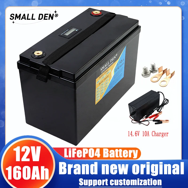 

12v 160ah Lifepo4 battery 1200W motor with built-in BMS for 12.8V electric boat RV mobile power inverter Solar14.6V 10Ah charger