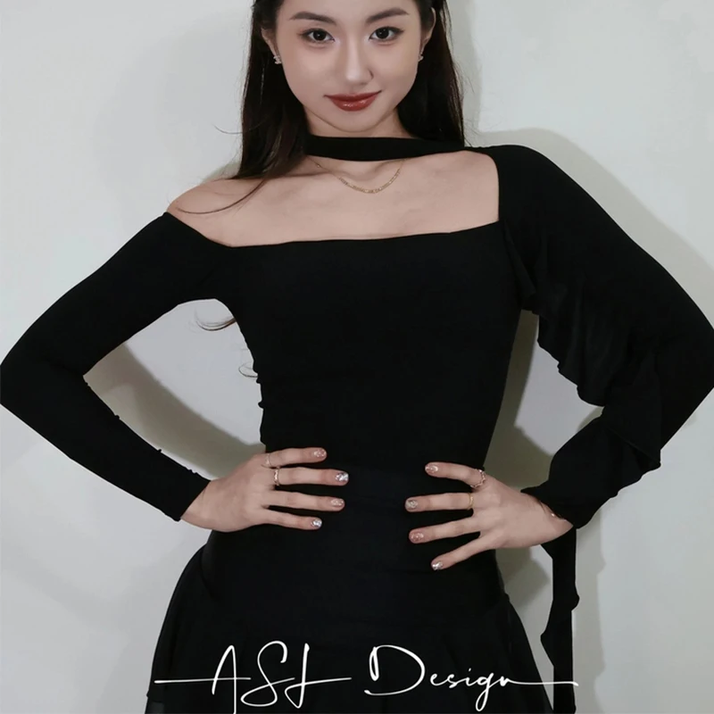 Sexy Latin Dance Tops Frauen Rüschen Lange Ärmel Trikots Ballroom Dance Praxis Kleidung Salsa Rumba Walzer Tanz Tragen BL18210