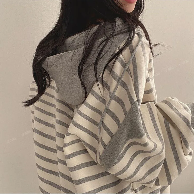 Autumn New Oversized Black White Stripe Hoodies Women Loose Wide Long Sleeve Pullover Woman Students Keep Warm Hoodies Ladies