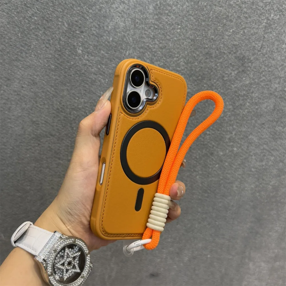 

For iPhone 16 Pro Max Case Orange Leather Magnetic Luxury Metal Trim Shockproof iPhone Case Compatible with iPhone 15