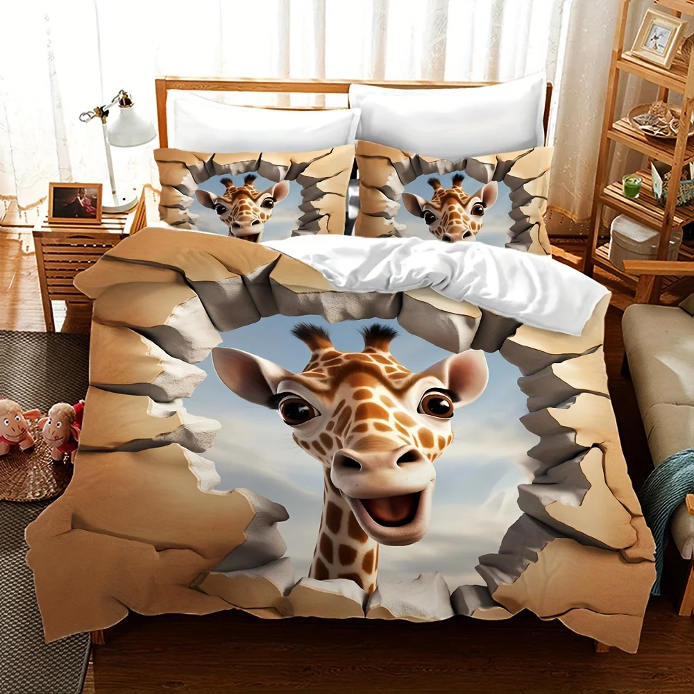3D Giraffe Print Duvet Cover Set With Pillowcase Animal ThemeAll-Season Bedding Polyester Fabric Machine Washable Digital Print