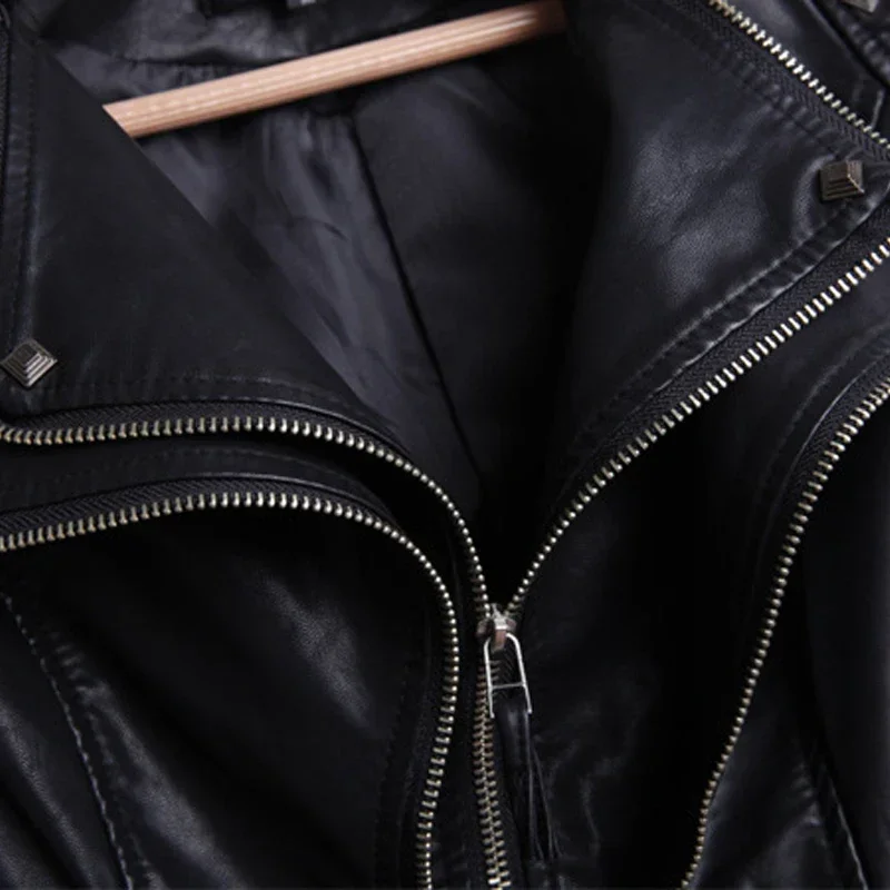 Motorcycle PU Leather Coat with Rivets for Ladies, Double Zip Lapel, Large Size, Autumn