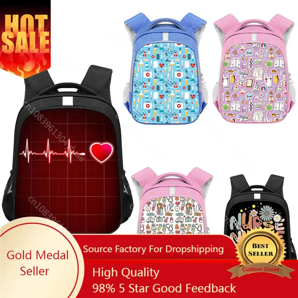 Cartoon ECG Hospital Print Backpack for Teenager Boy Girl Children School Bags Doctor Nurse Medical Stethoscope Syringe Rucksack