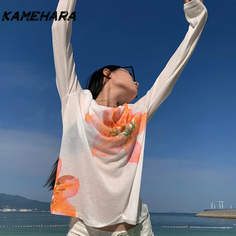 

KAMEHARA Vintage Sweet Versatile Flower Printed Tees Fashion 90s Summer Bead Chain Splicing Long Sleeve Loose Y2k Tops ブラウス シフォン