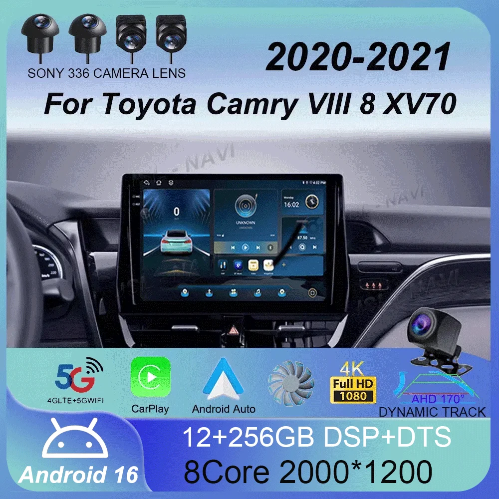 Android 16 Carplay Auto Car Radio For Toyota Camry VIII 8 XV70 2020-2021 Multimedia Video Player Navigation GPS Stereo Head Unit