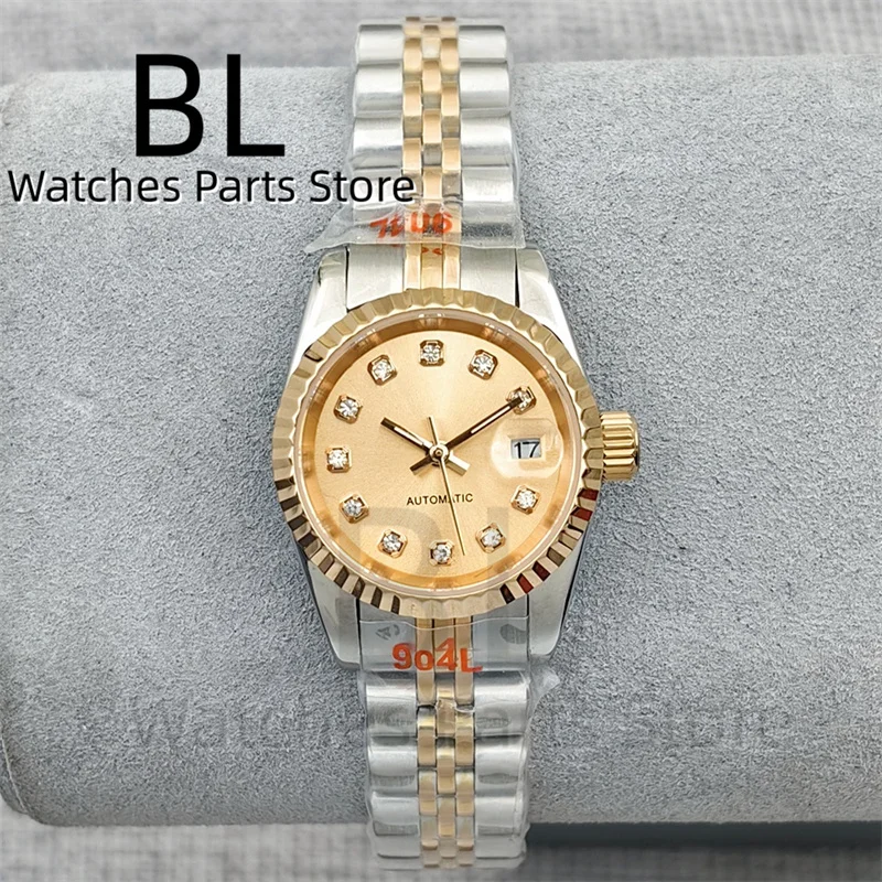 BLIGER Jam Tangan Wanita Gerakan NH05 Mewah 26Mm Emas Mawar Dua Warna Dial Emas Mawar dengan Indeks Berlian Bezel Bergalur Kristal Safir