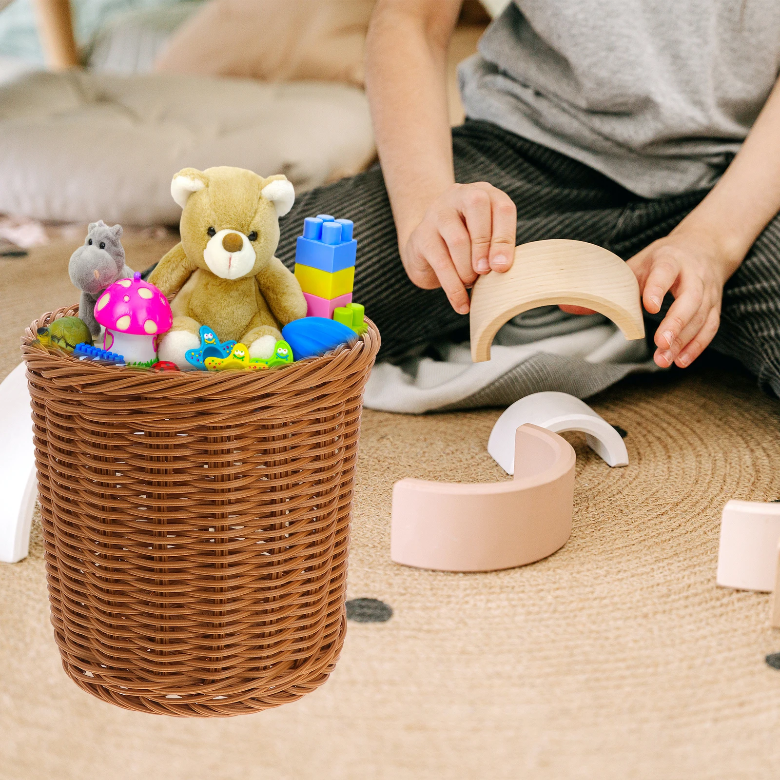 

Coffee Medium Size Sundries Storage Basket Plastic Desktop Organizer Imitation Weaving Design Pen Container for School Office