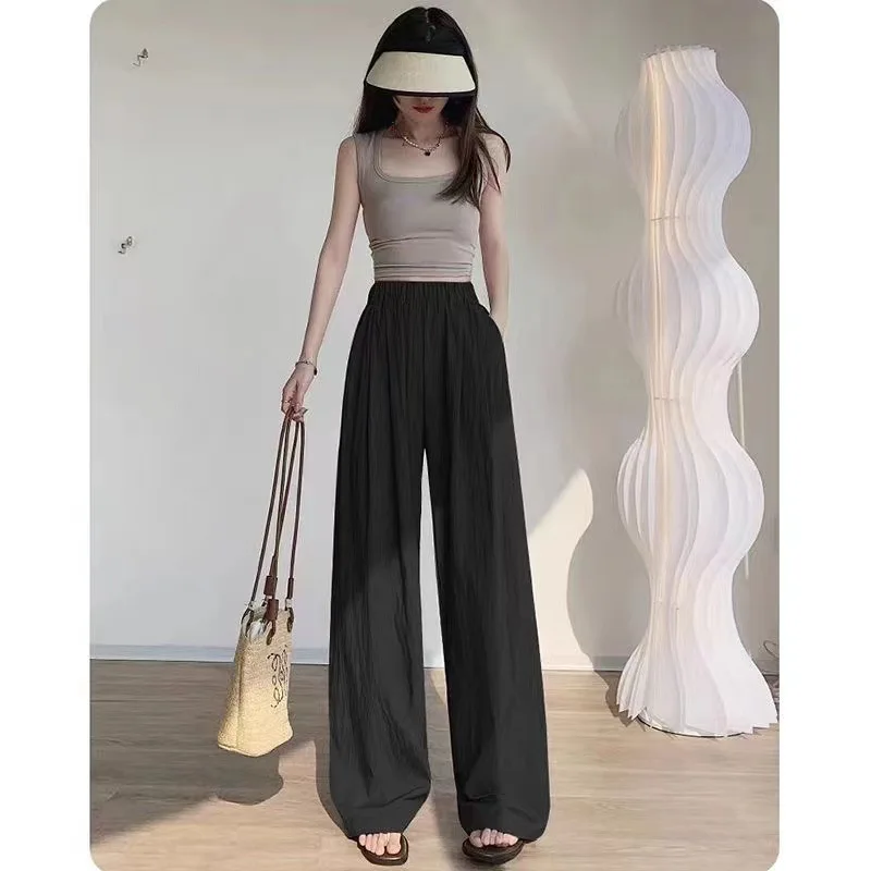 Summer Ice Silk Wide Leg Pants Women\'s Folded Yamamoto Pants High Waist Casual Japanese and Korean Straight leg Pants