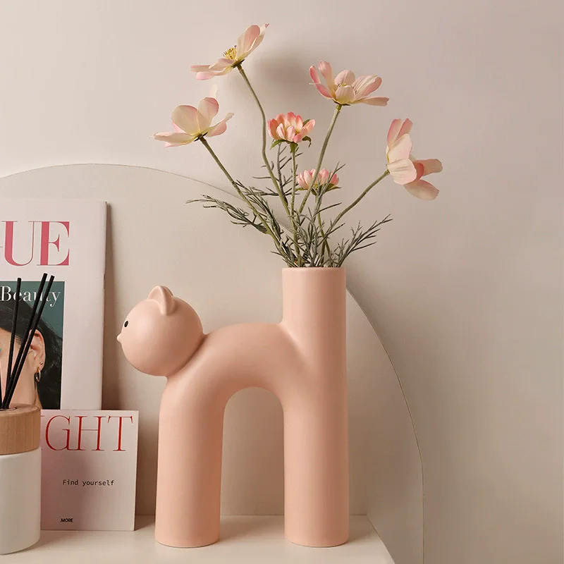 Luxuriöse Katzenvase – beige, röhrenförmige Heimdekoration aus Kunstharz für Schlafzimmer/Bar, minimalistische Tischskulptur (keine Blumen im Lieferumfang enthalten)