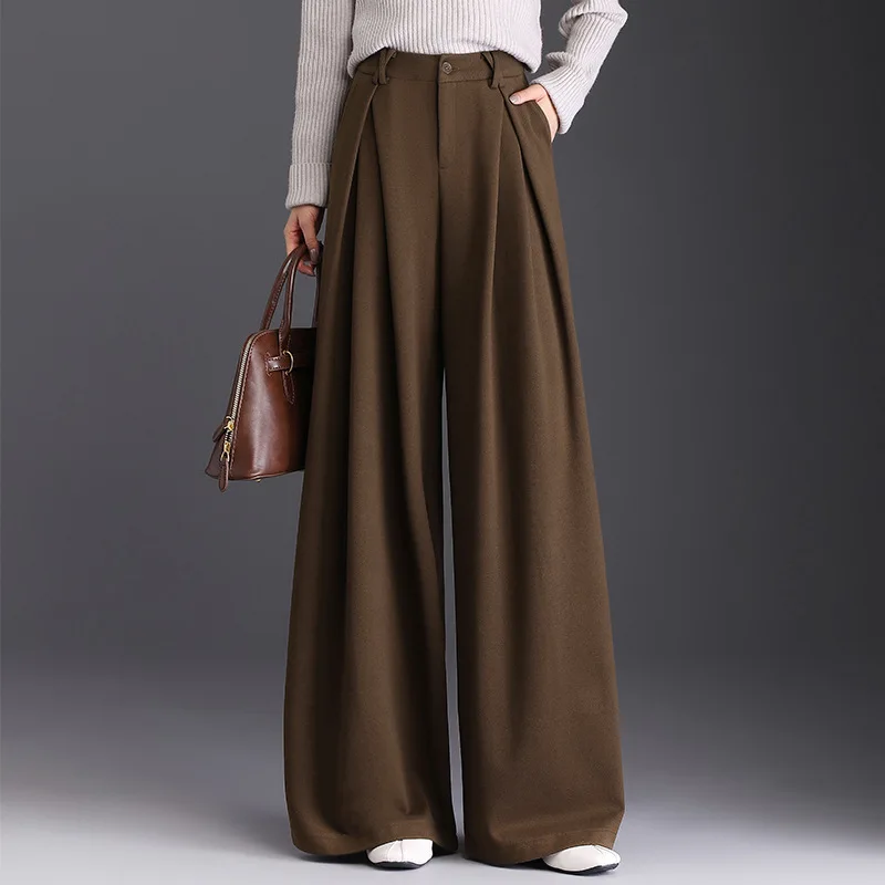 Womne High Waist Wide Leg Pants 2025 Autumn Winter Wool Wide Leg Suit Pants High Waisted Straight Leg Floor Casual Trousers