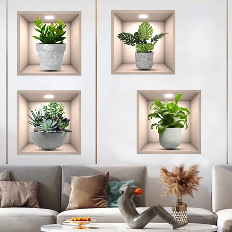 4pcs Padrão Planta Adesivo de Parede, Autoadesivo PVC Wall Art Decal Para Sala de estar, quarto, escritório