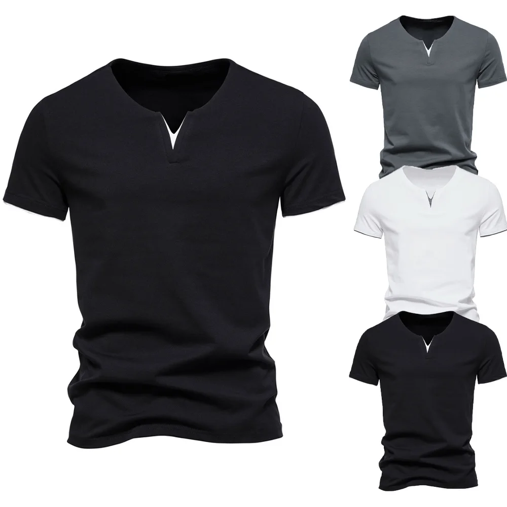 Men's V-neck Cotton T-shirts for Men Summer Casual Slim Fit Short-sleeved T-shirt Hawaiian Men Clothing