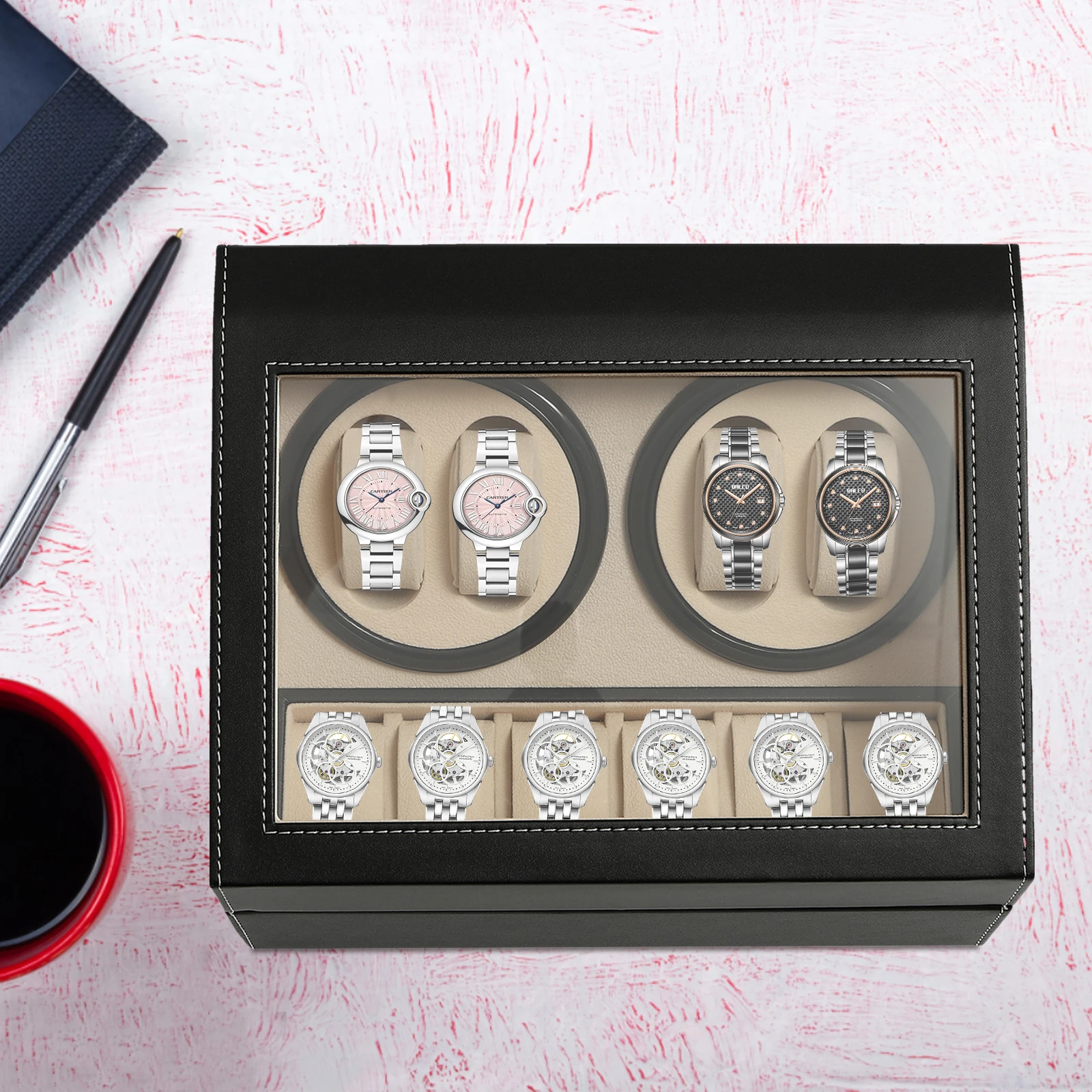 

BYMAOCAR 4+6 Automatic Rotation Watch Winder, Display Box PU Leather Watch Display Storage Case W/ Separate Control Switch