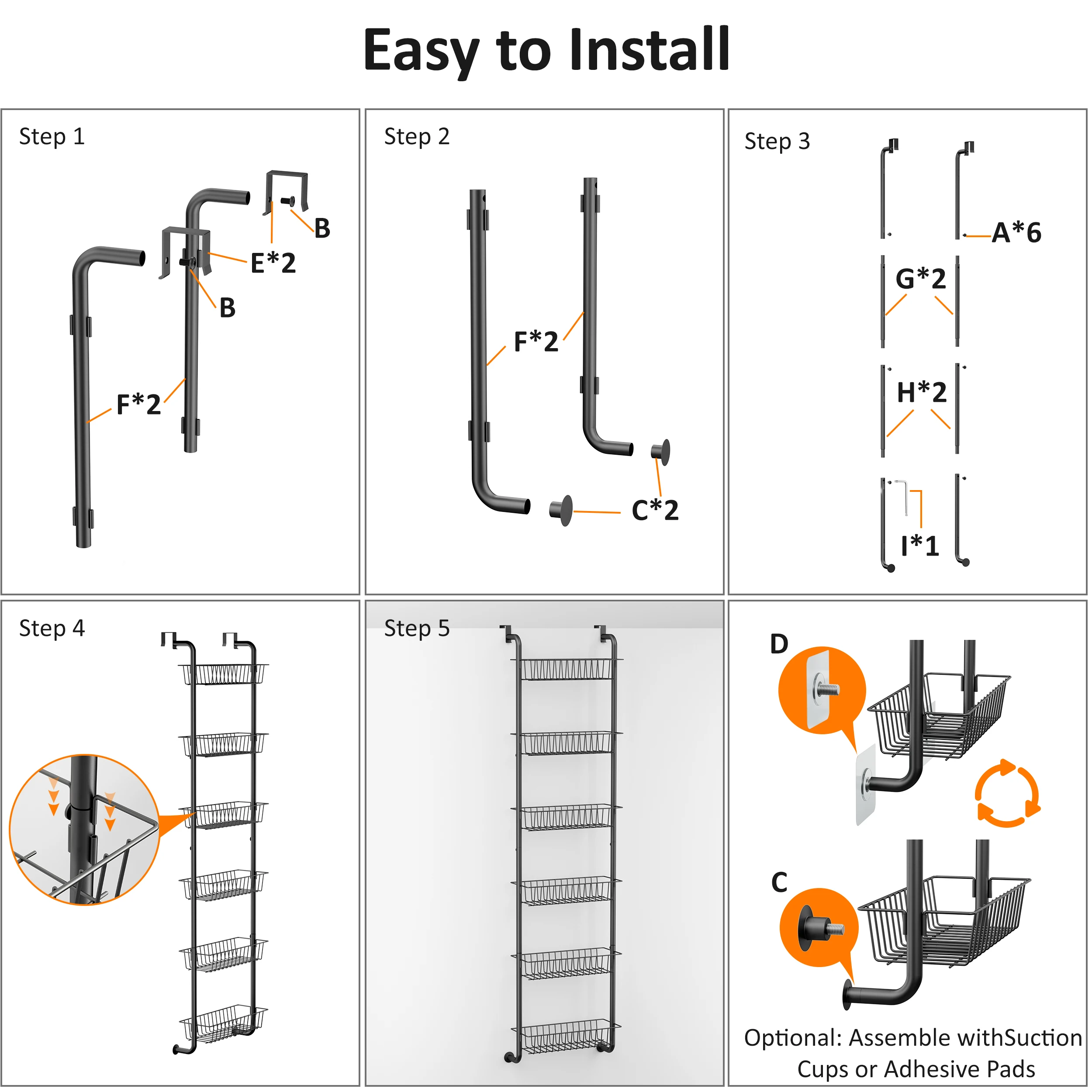 منظم أبواب PrettyCare مكون من 6 أرفف ورف معدني شديد التحمل لتنظيم المطبخ، أسود، BA01