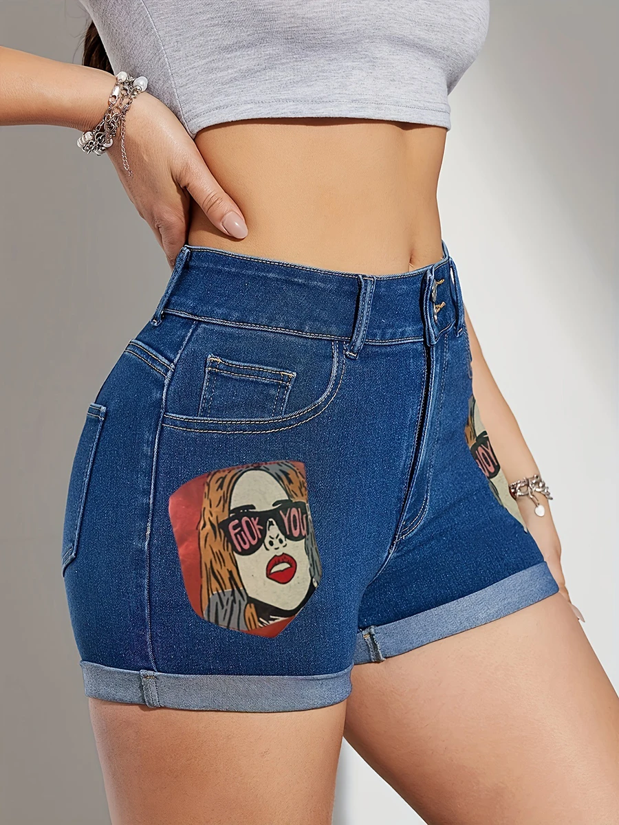 REDDACHiC, pantalones cortos vaqueros elásticos de doble botón para mujer, estampados de personajes a la moda, dobladillo con puños, bolsillos, pantalones cortos vaqueros ajustados, ropa de verano Bohemia