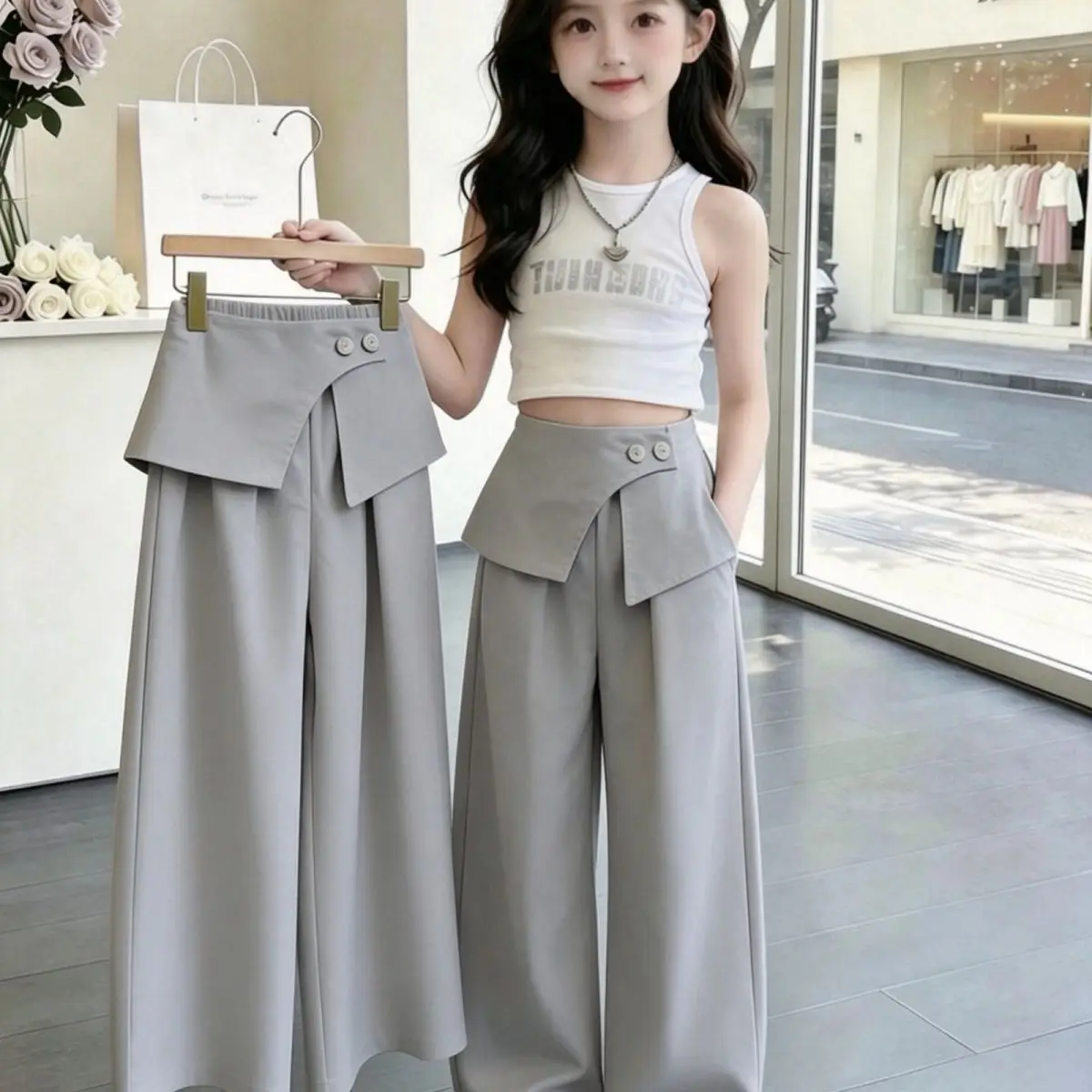 Girls Summer Light Wide Leg Pants 2026 New Kids Casual Nice Long Fashion Diaper Cover Straight Pants