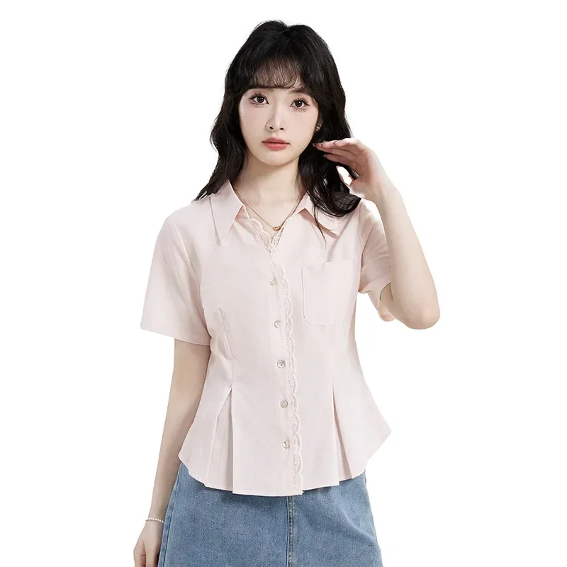 NICE Roze Frans Kant Splice Shirt Taille Cinching Slanke Korte Mouw Dames Button Up Shirt Modieus Patchwork Ontwerp
