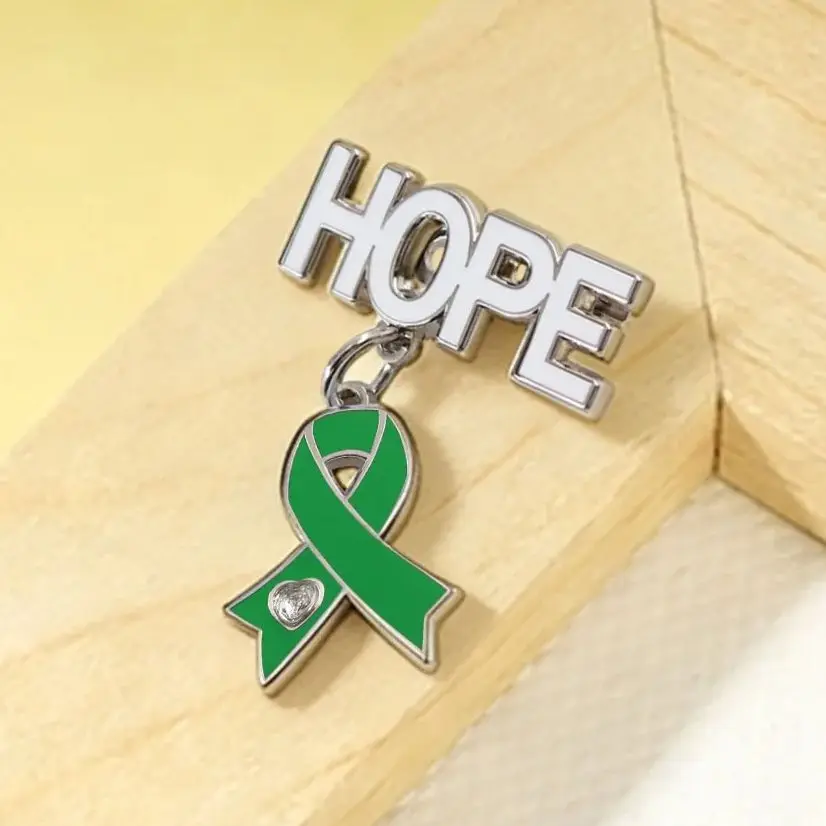 Green Awareness Ribbon Hope Enamel Pin Mental Health Support Brooch Liver Cancer Lyme Disease Dangle Badge Medical Jewelry Gift