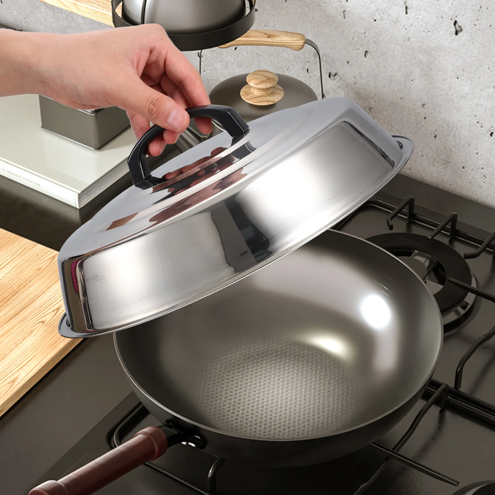 32cm Stainless Steel Deepening Tripod Lid Thickening and Heightening Pot Wok Cheese Melting Dome Cover Pan Steaming Kitchen