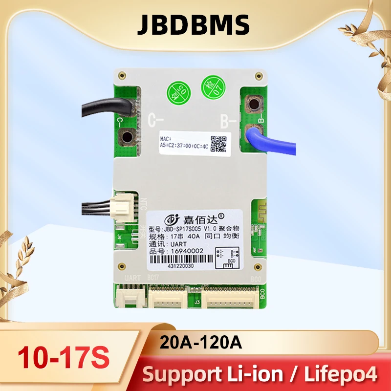 

JBD Smart BMS 10S 12S 13S 14S 16S 17S 20A 40A 50A 60A 80A For LifePo4 36V 48V Lithium Battery Bms Protection Board Built-in BT