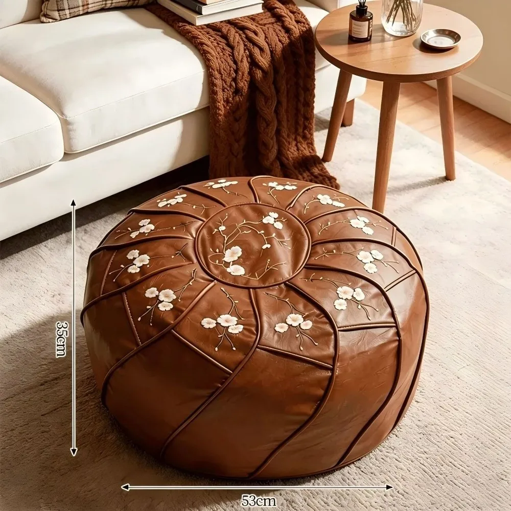 New Unstuffed Pouf Ottoman PU Leather Fillable Round Pouf Cover Daisy Embroidery Large Opening Footstool Cover for Living Room