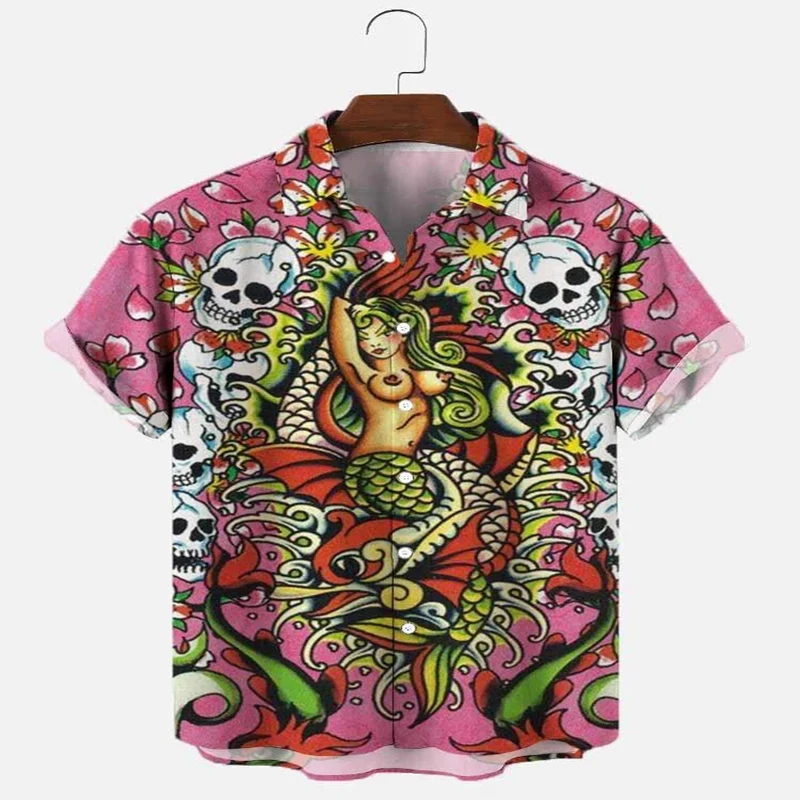 Vintage Mermaid and Boat Hawaiian Shirt 3D All Over Printed Hawaiian Shirt for Men and Women Casual Shirt Unisex