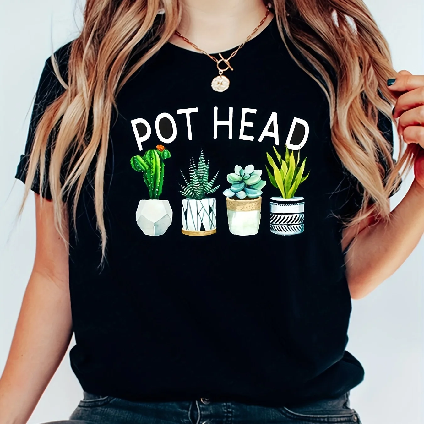 Pot Head Print T-Shirt - Women's Summer Casual Top with Short Sleeves