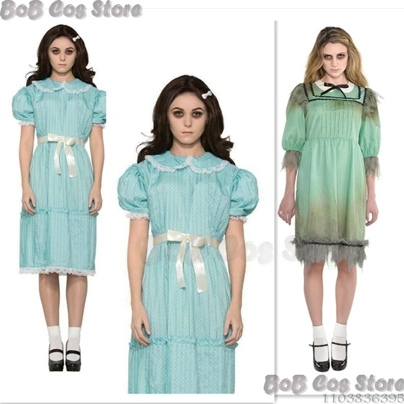 Shining Twins Girls Halloween Horro Party Creepy Blue Green Dress Cosplay Costume Scary Party Carnival Women Masquerade Outfit