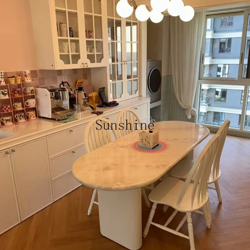 

French retro light luxury cream style restaurant oval pink marble dining table