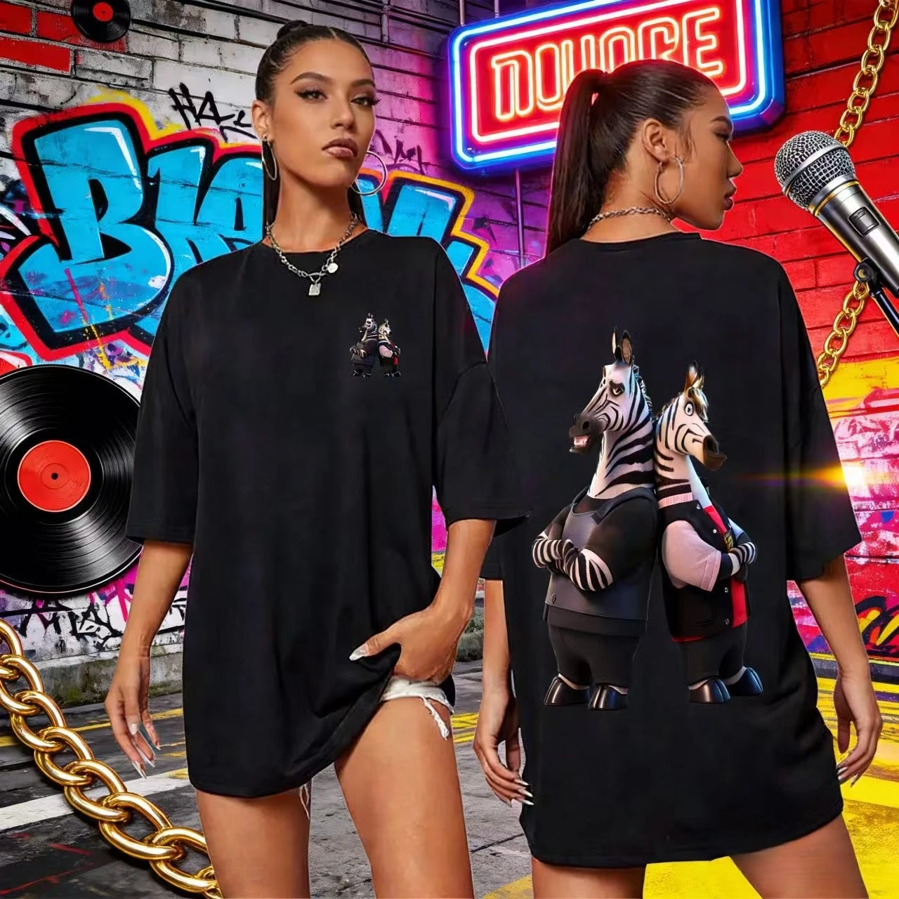 

Disney Summer Zootopia 2 Zebra Brothers100% Pure Cotton Printed T-shirt for Men and Women Casual Street Loose and Breathable Top