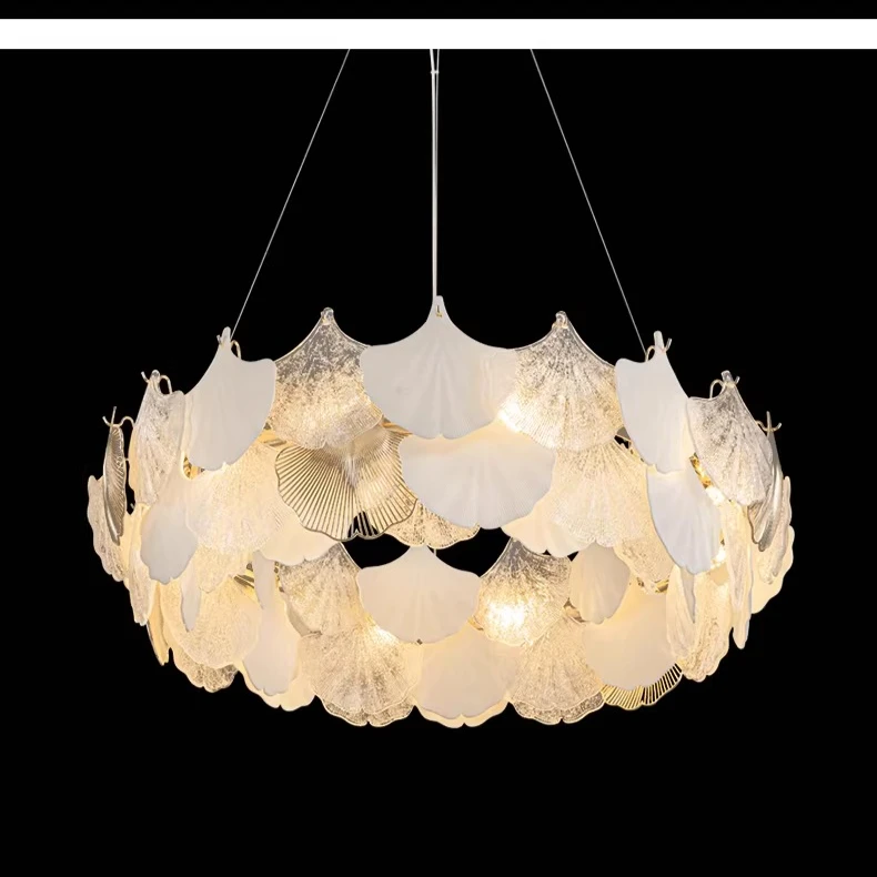 New French living room chandelier ginkgo biloba glass modern simple bedroom main light luxury high-end dining room lamps