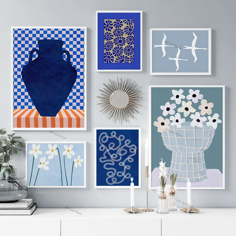 Blue Retro Vase Daisy Flower Abstract Line Minimalist Poster Wall Art Canvas Painting Prints Pictures For Living Room Home Decor