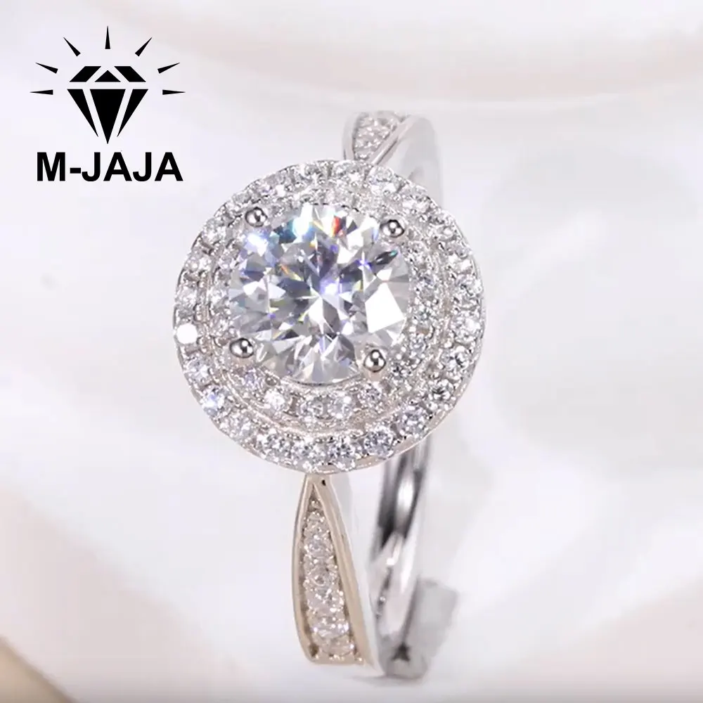 M-JAJA 1CT Moissanite Double Halo Engagement Ring for Women S925 Sterling Silver with Side Stones Pave Band Anniversary Jewelry