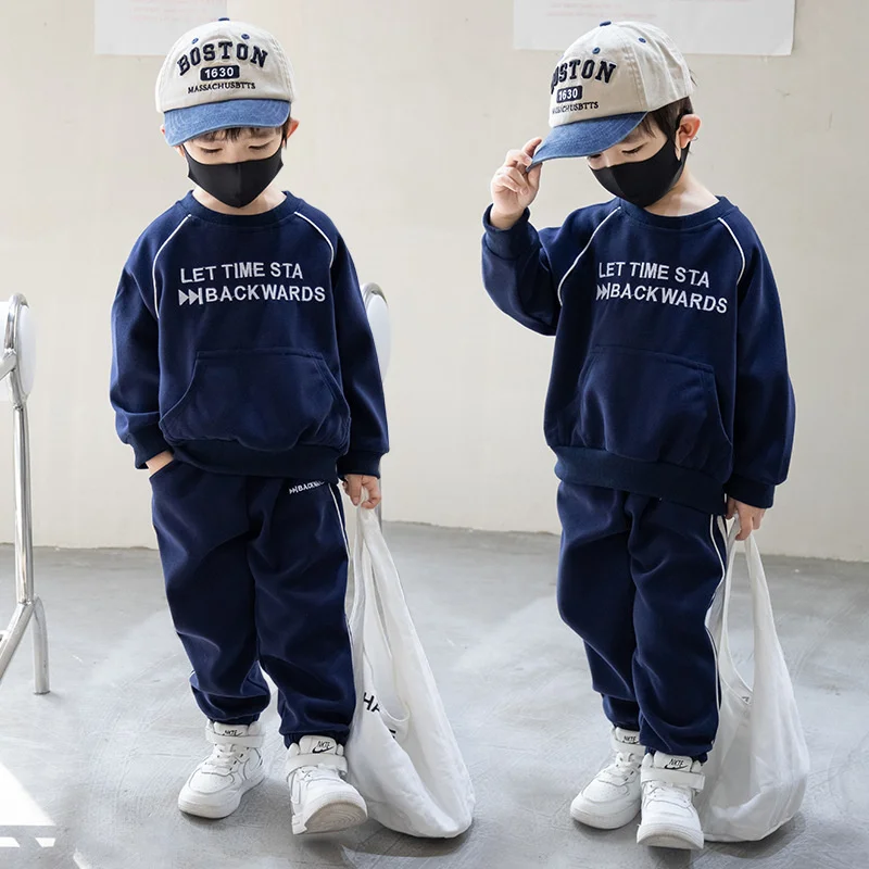 Boys Sweatshirts +Pants Kids Suits Tracksuit 2PCS/Set 2023 Navy Blue Spring Autumn Cotton Outfits Sport Teenagers Children Cloth