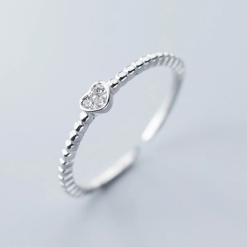 Simple Zircon Heart Shape Ring Adjustable Opening Women's Ring Authentic Sterling Silver Fashion Party Jewelry