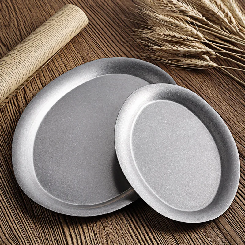 1 Pcs Japanese Vintage Oval  304 Stainless Steel Restaurant Plate Dessert Tray Kitchen Tableware