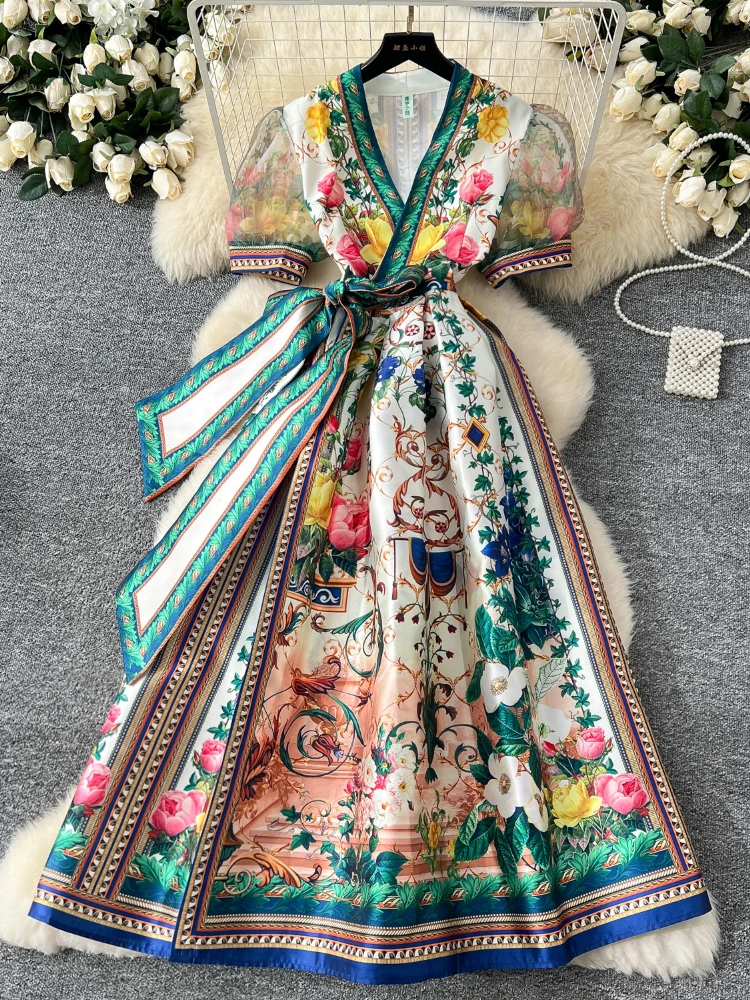 

French Gorgeous Flower Holiday Long Dress Women's V-Neck Short Puff Sleeve Lace Up Vintage Long Robes Party Vestidos Clothes New