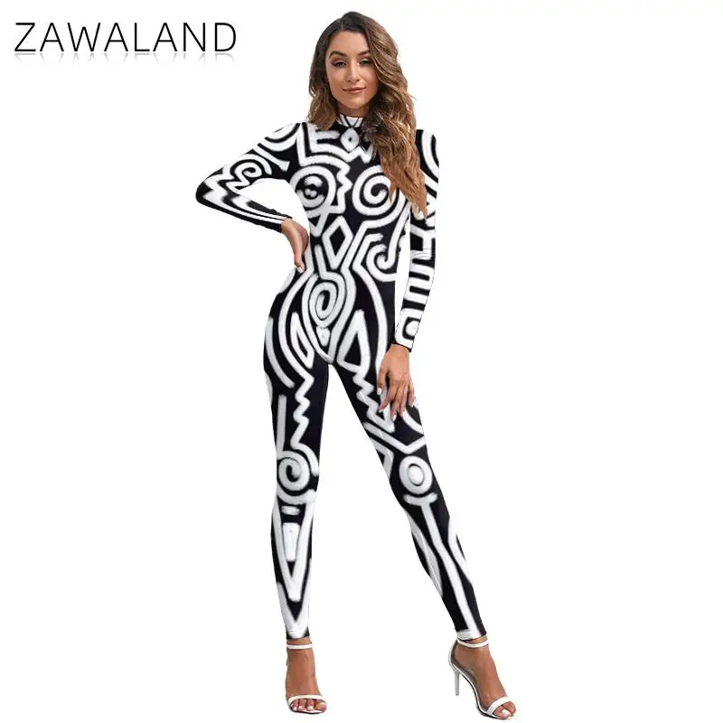 Zawaland Bodysuit Voor Vrouwen Cosplay Mode Lijn Print Kostuums Jumpsuit Carnaval Kostuum Rompers Zentai Vrouwelijke Halloween