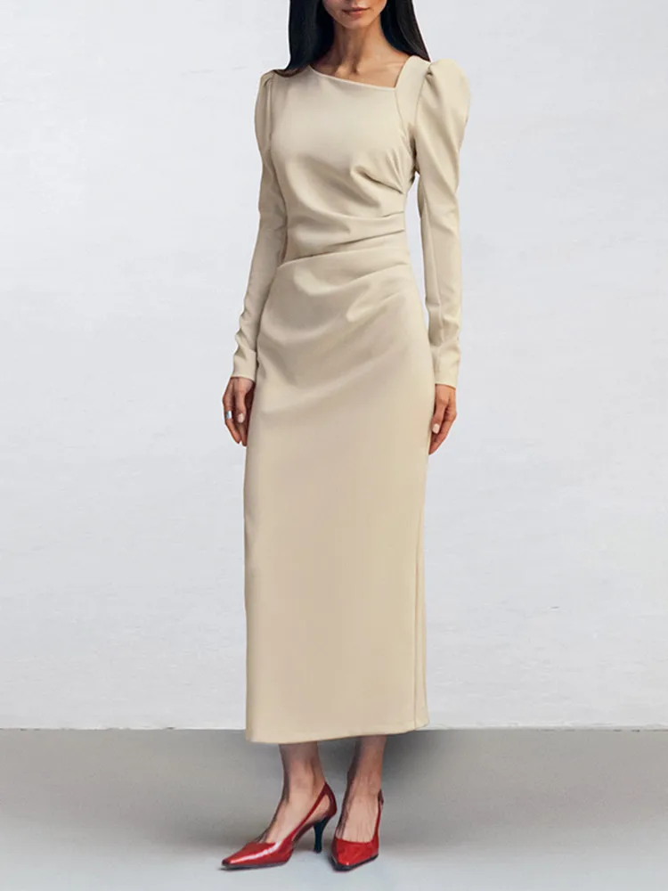 

SKMY Autumn Casual Temperament Irregular Collar Puff Sleeve Tight Split dress Solid Color Khaki Long Dresses Party Clubwear