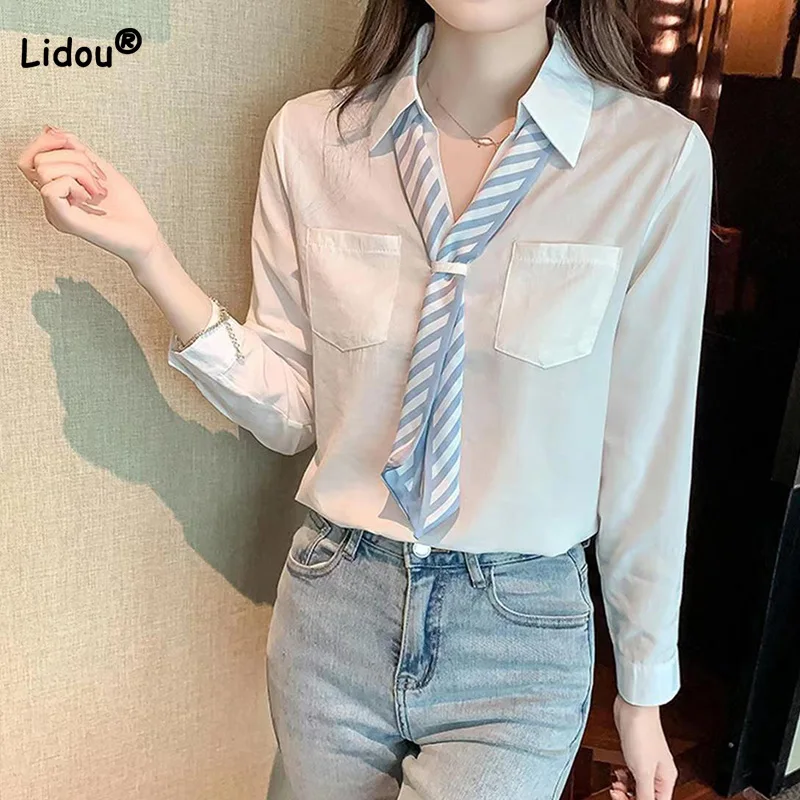 

Spring Autumn Office Lady Blue White Double Pockets Long Sleeve Blouse Winter Polo-Neck Lace Plush and Thicken Button Chic Shirt