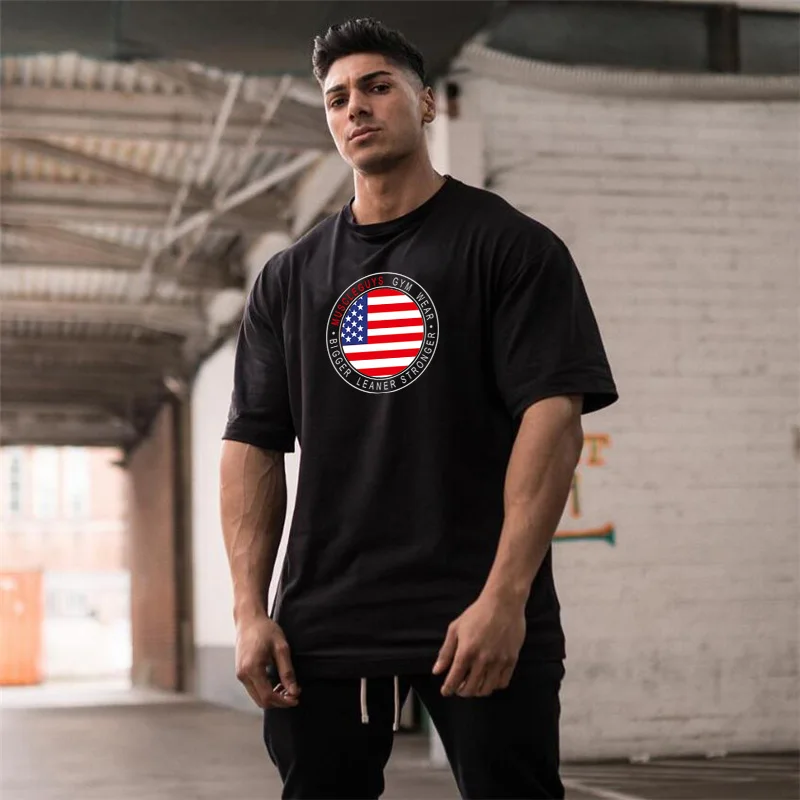 Summer Mens New Loose Streetwear Hip Hop Fitness Bodybuilding O-neck Sports Gym Workout Weight training Oversized Cotton T-shirt